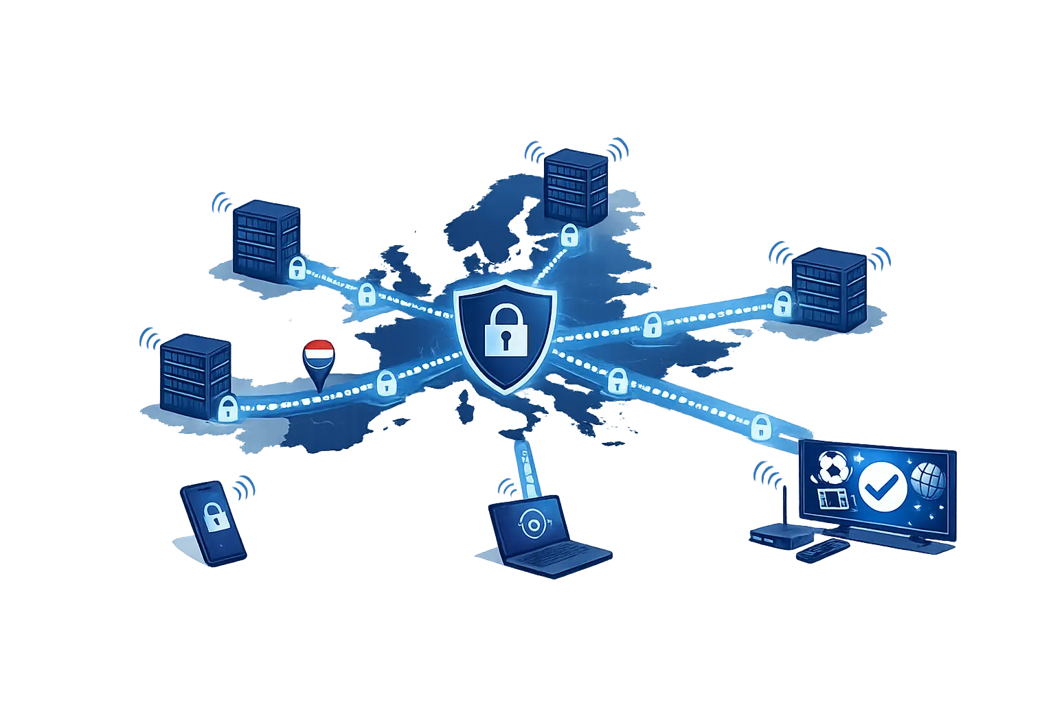 Technische infographic van MyIPTV NL infrastructuur — CDN-gerouteerde streams via Europese servers en gecamoufleerde DNS-links die eruitzien als normaal HTTPS-verkeer
